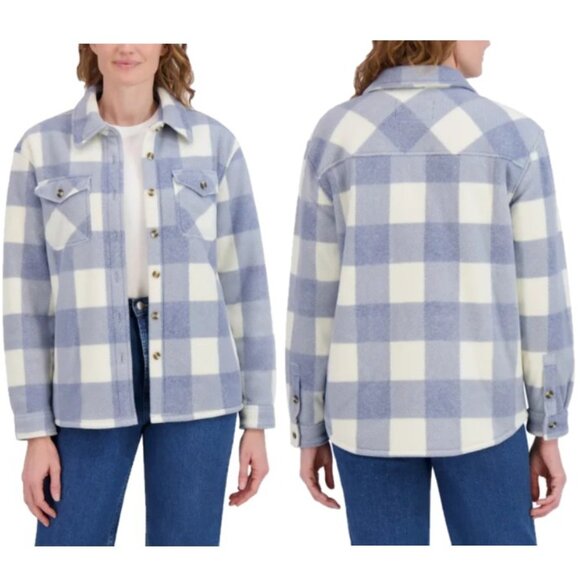 NWT SAGE Women's Plaid Plush Fleece Shirt Jacket, Blue (Blue and White) - Picture 1 of 9